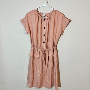 A New Day Womens XS Pink Button Front Utility Dress Short Sleeve Drawstring